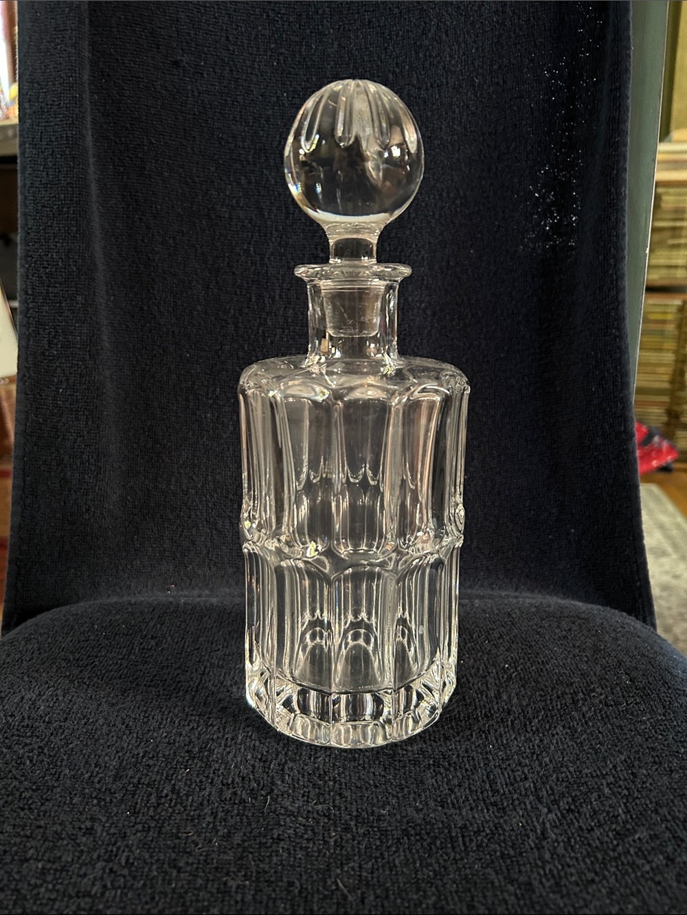 MCM Vintage Round Vertically Fluted Ribbing Crystal Decanter w Crystal Stopper